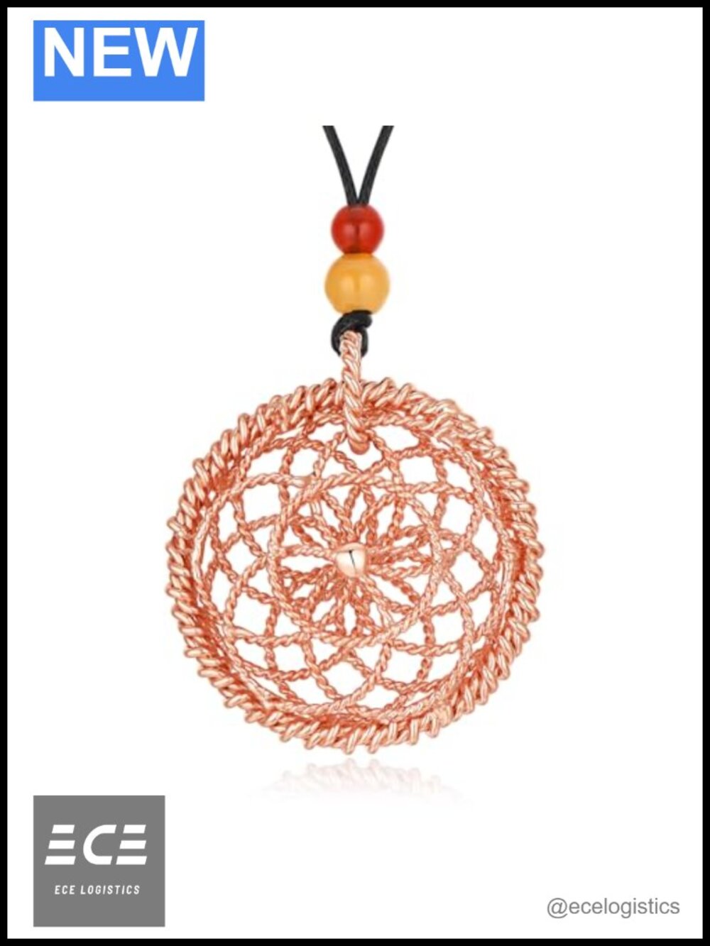 Sacred Geometry Tensor Ring Necklace Copper Gold Plated Red Agate Yellow Jade